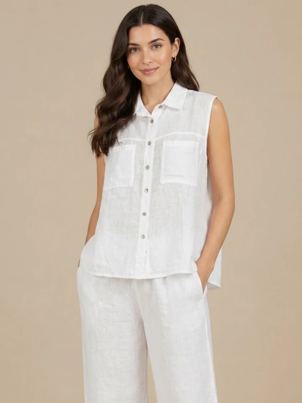 Mantles Size 18W Sleeveless White Linen Button-Front Shirt